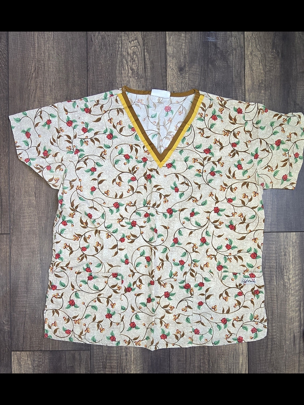 Cream Floral V-Neck Tunic with Mustard Trim